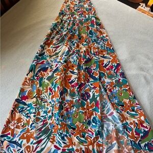 Simplee Vibrant Abstract Floral Print Maxi Dress Spaghetti Straps High Slit